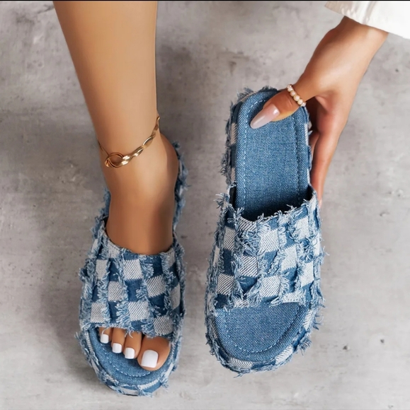 Shoes - Raw Hem Plaid Platform Sandals